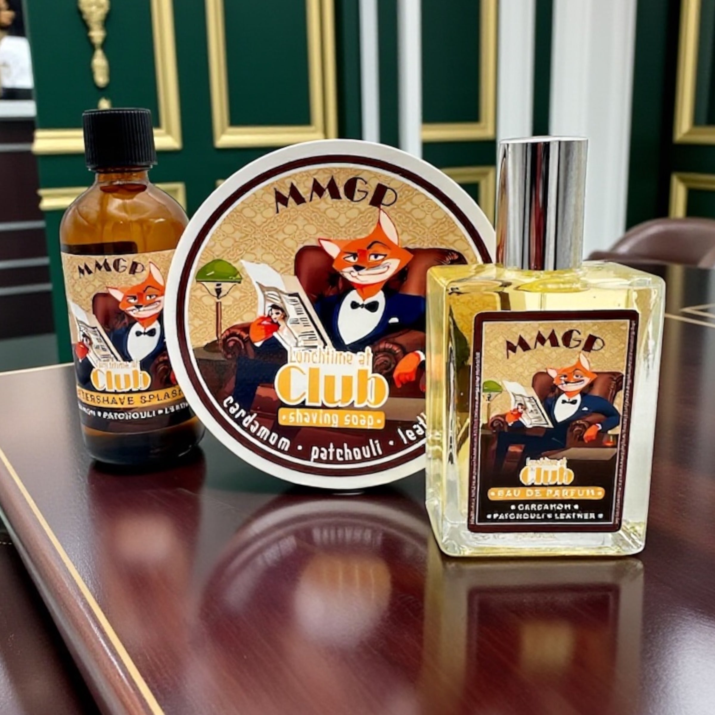 "Lunchtime at the Club" (MMGP) Shaving soap, Aftershave splash and Eau de Parfum