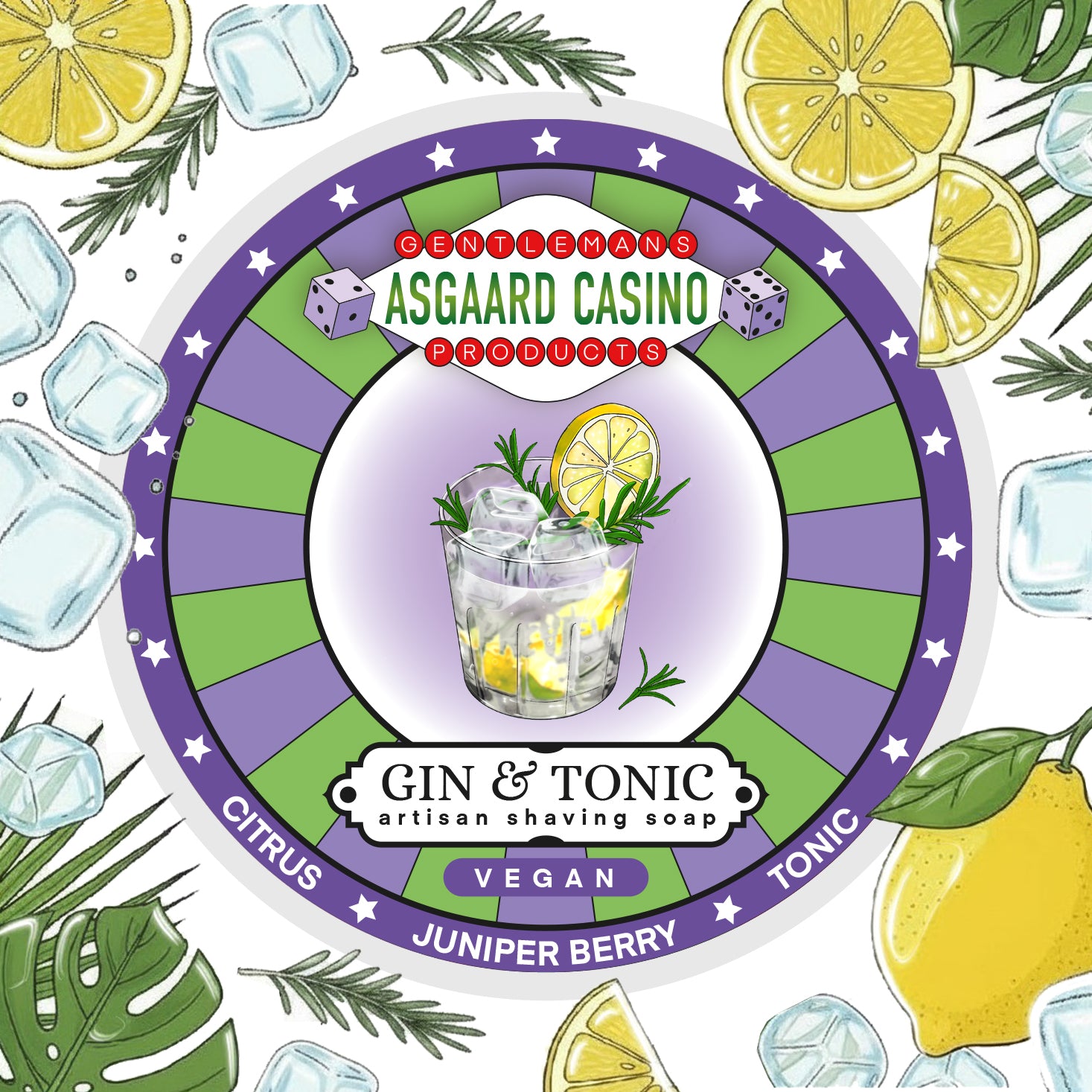 "Gin & Tonic" (Asgaard Casino) VEGAN ARTISAN SHAVING SOAP - Made in UK - Citrus, Juniper Berries & Tonic - 7 Natural Butters - ALL NATURAL INGREDIENTS - 100g Shaving soap