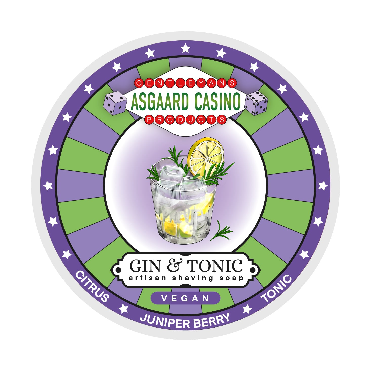 "Gin & Tonic" (Asgaard Casino) VEGAN ARTISAN SHAVING SOAP - Made in UK - Citrus, Juniper Berries & Tonic - 7 Natural Butters - ALL NATURAL INGREDIENTS - 100g Shaving soap