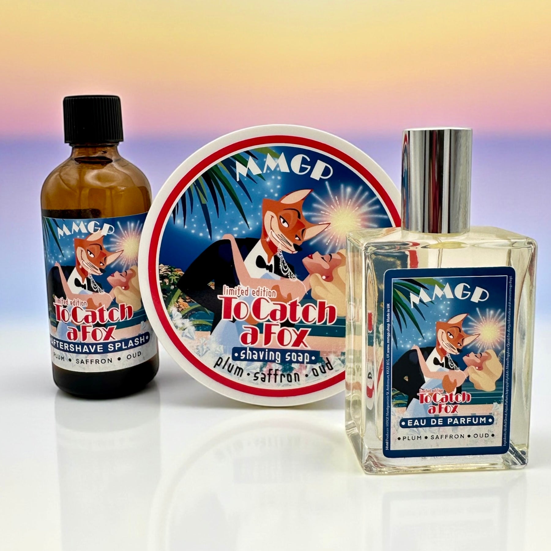"To Catch A Fox" (MMGP) Shaving soap, Aftershave splash and Eau de Parfum