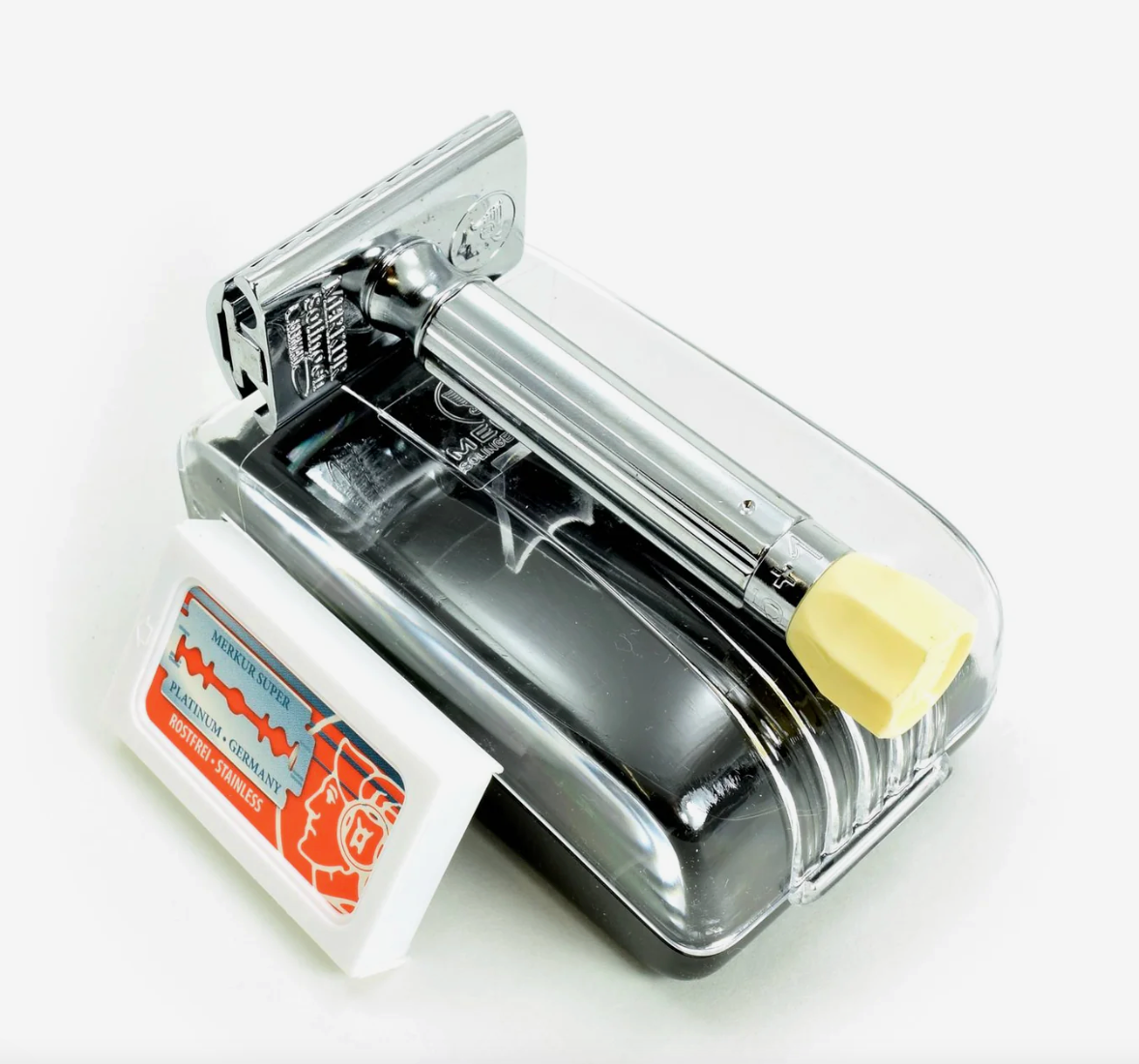 Merkur Progress adjustable razor in a plastic case with 10 blades