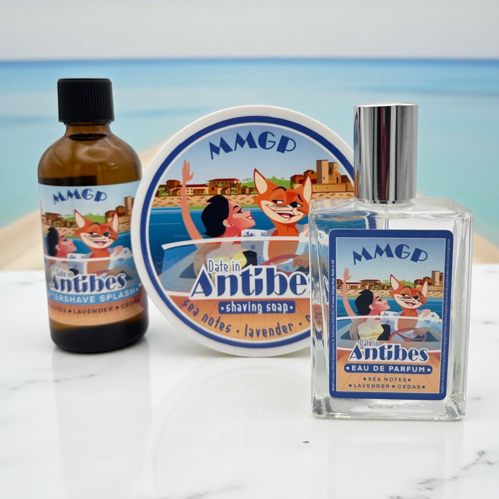 "Date in Antibes" (MMGP) Shaving soap, Aftershave Splash and Eau de Parfum