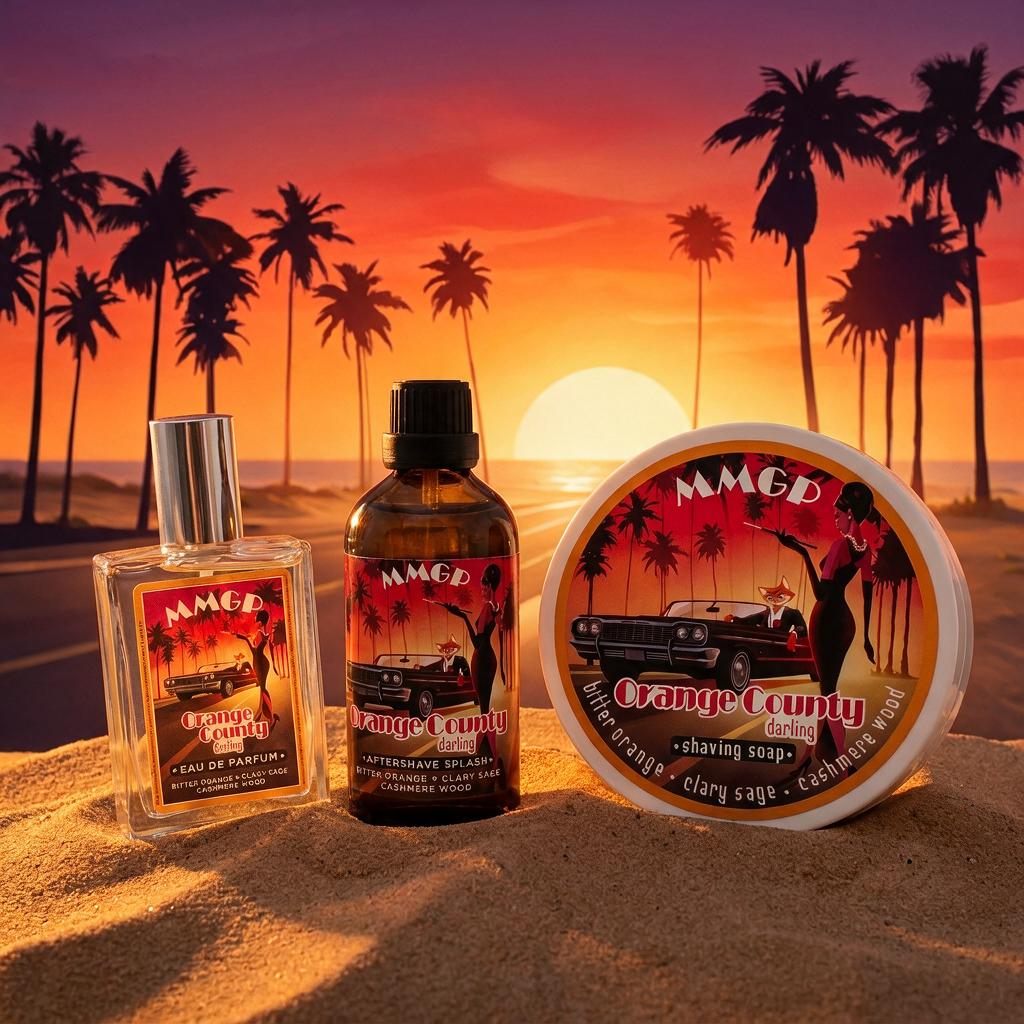 "Orange County Darling" (MMGP) Shaving soap, Aftershave splash and EdP bundle