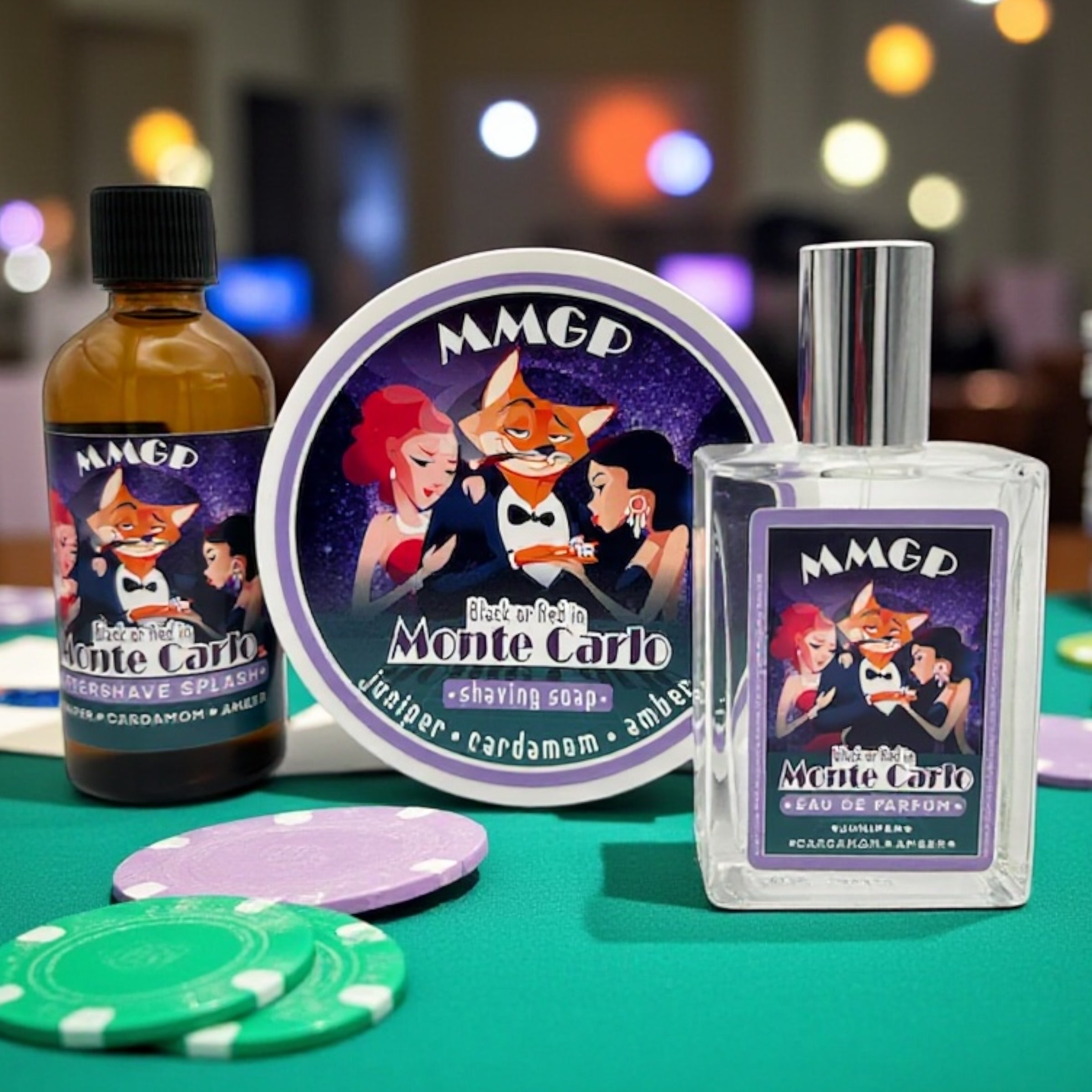 "Red or Black in Monte Carlo" (MMGP) Shaving soap, Aftershave splash and Eau de Parfum