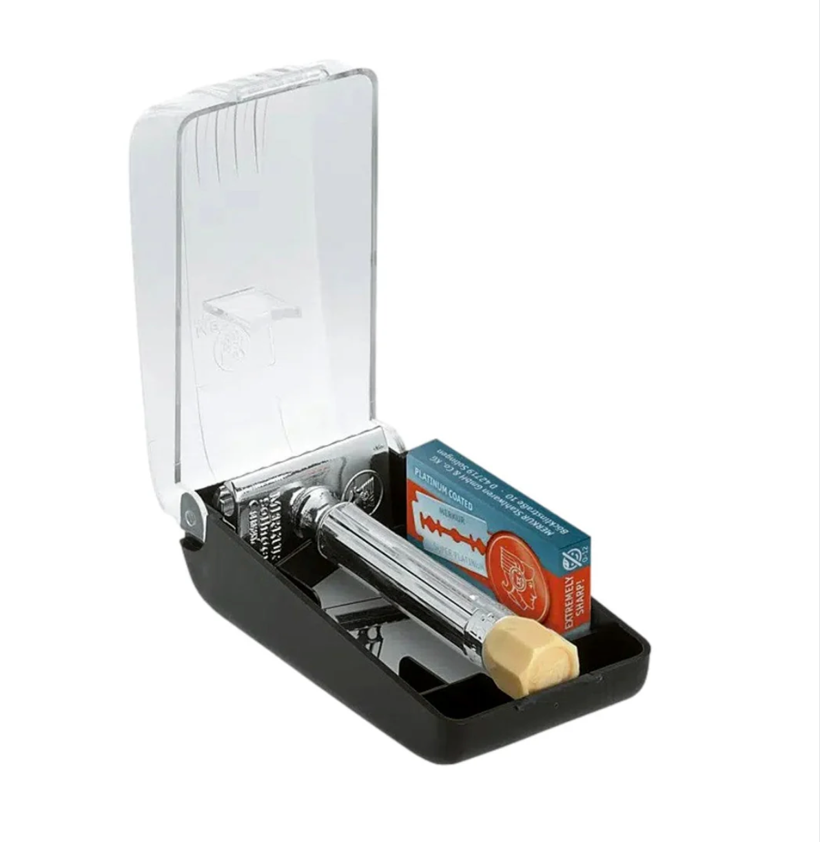 Merkur Progress adjustable razor in a plastic case with 10 blades
