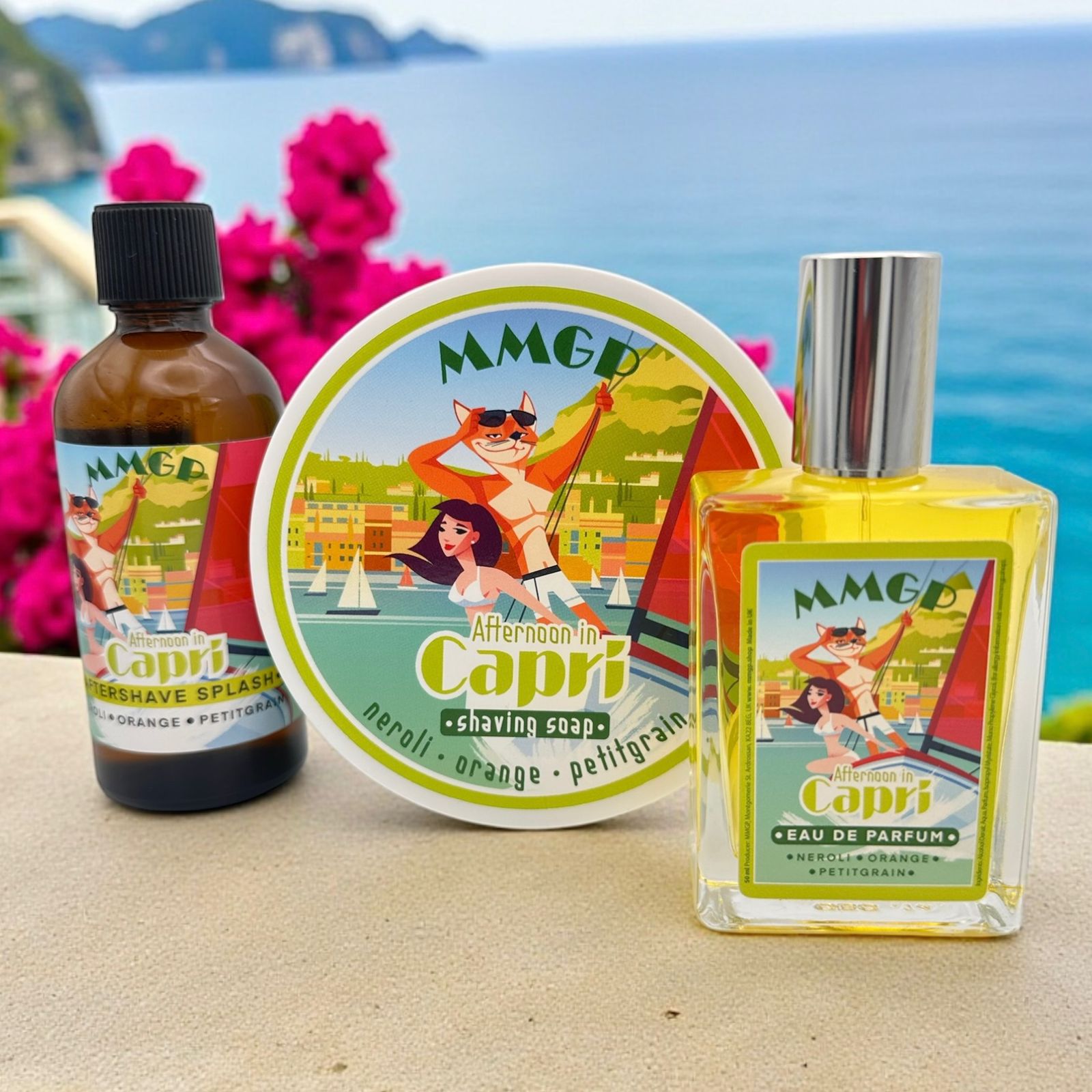 "Afternoon in Capri" (MMGP) Shaving soap, Aftershave splash and Eau de Parfum